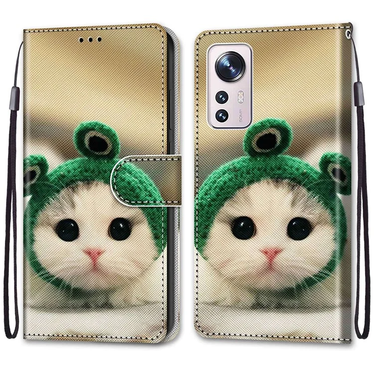 Für Xiaomi 12 5G/12X 5G/12S 5G Brieftaschenhülle Musterbedruckung PU-Leder Buchstilständer Weiche TPU-Kratzfeste Abdeckung mit Riemen - A32 Kätzchen mit Hut