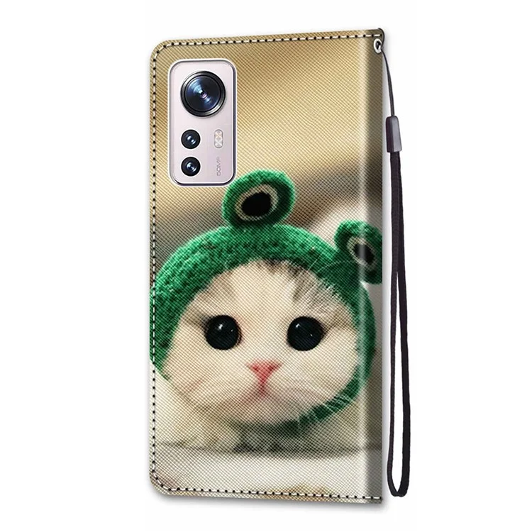 Für Xiaomi 12 5G/12X 5G/12S 5G Brieftaschenhülle Musterbedruckung PU-Leder Buchstilständer Weiche TPU-Kratzfeste Abdeckung mit Riemen - A32 Kätzchen mit Hut