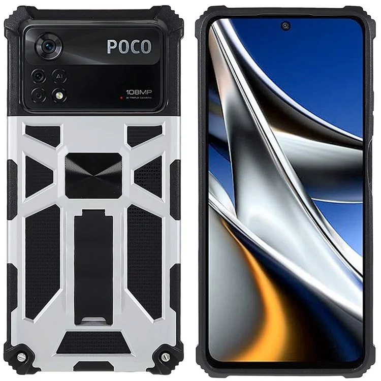 Für Xiaomi Poco X4 Pro 5G PC TPU Combo Armor Phone Case Vollschutz Anti-fall-kickstand Und Magnetmetallblech Hybridschale - Silber-