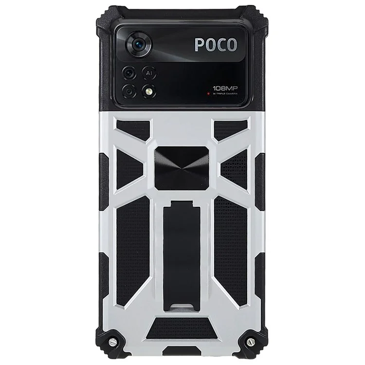 Für Xiaomi Poco X4 Pro 5G PC TPU Combo Armor Phone Case Vollschutz Anti-fall-kickstand Und Magnetmetallblech Hybridschale - Silber-