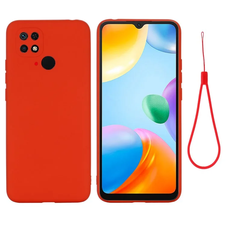 For Xiaomi Redmi 10C 4G Precise Cutouts Liquid Silicone Case Soft Microfiber Lining Drop Protection Slim Thin Cover with Strap - Red