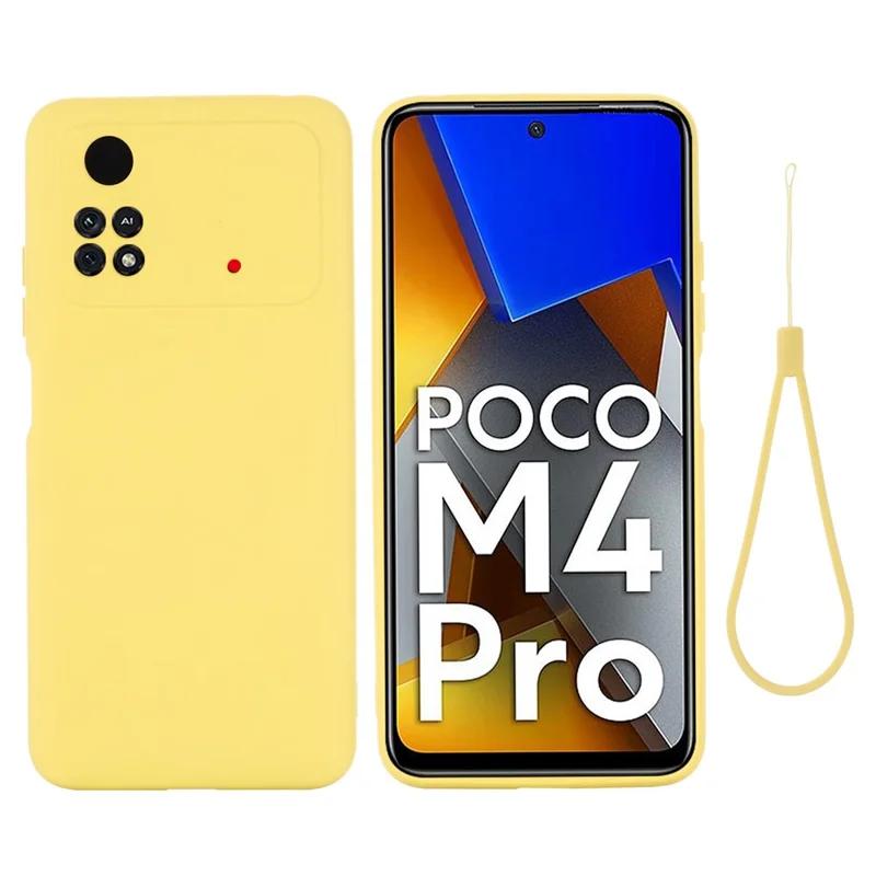 Para Xiaomi Poco M4 Pro 4G Skin Touch Liquid Silicone Case Soft Microfiber Lining Precise Cutouts Camera Protection Shockproof Phone Protector with Strap - Amarelo