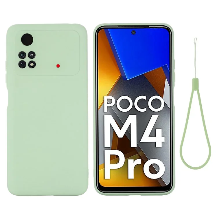For Xiaomi Poco M4 Pro 4G Skin Touch Liquid Silicone Case Soft Microfiber Lining Precise Cutouts Camera Protection Shockproof Phone Protector with Strap - Green