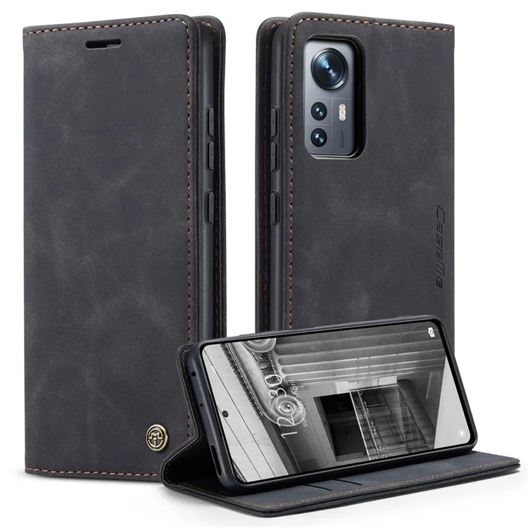 CASEME 013 Series Anti-scratch Phone Case Shell for Xiaomi 12 5G/12X 5G/12S 5G, Auto-absorbed PU Leather Wallet Foldable Stand Phone Cover - Black