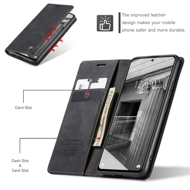 CASEME 013 Series Anti-scratch Phone Case Shell for Xiaomi 12 5G/12X 5G/12S 5G, Auto-absorbed PU Leather Wallet Foldable Stand Phone Cover - Black