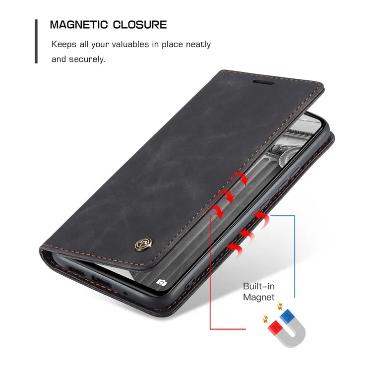 CASEME 013 Series Anti-scratch Phone Case Shell for Xiaomi 12 5G/12X 5G/12S 5G, Auto-absorbed PU Leather Wallet Foldable Stand Phone Cover - Black