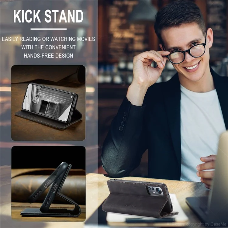 CASEME 013 Serie Custodia Antigraffio per Xiaomi 12 5G/12X 5G/12S 5G, Custodia Portafoglio Pelle PU Assorbente Automatico con Supporto Pieghevole - Nero