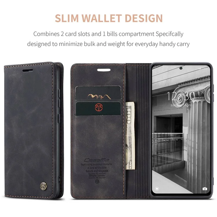 CASEME 013 Series Anti-scratch Phone Case Shell for Xiaomi 12 5G/12X 5G/12S 5G, Auto-absorbed PU Leather Wallet Foldable Stand Phone Cover - Black