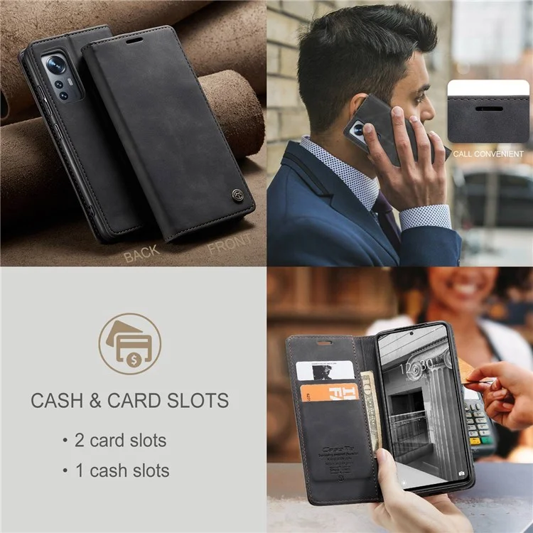 CASEME 013 Serie Custodia Antigraffio per Xiaomi 12 5G/12X 5G/12S 5G, Custodia Portafoglio Pelle PU Assorbente Automatico con Supporto Pieghevole - Nero