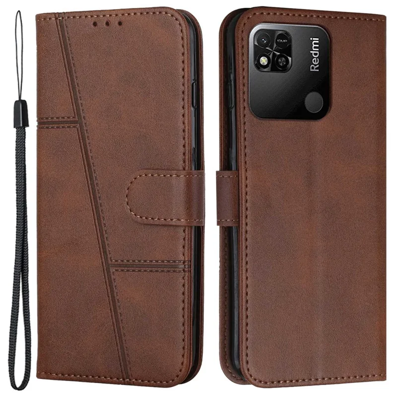 Für Xiaomi Redmi 10A/Poco C31/Redmi 9C Stitching PU Leder Schutzhülle Wallet Funktion Folio Ständer Schockdicht Mit Riemen - Braun