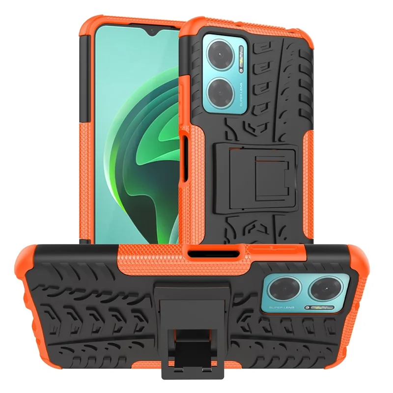 For Xiaomi Redmi Note 11E 5G / 10 5G / 10 Prime+ 5G Tire Texture Shock-Absorption Cover Kickstand Combo PC+TPU Dual Layer Design Protective Phone Case - Orange
