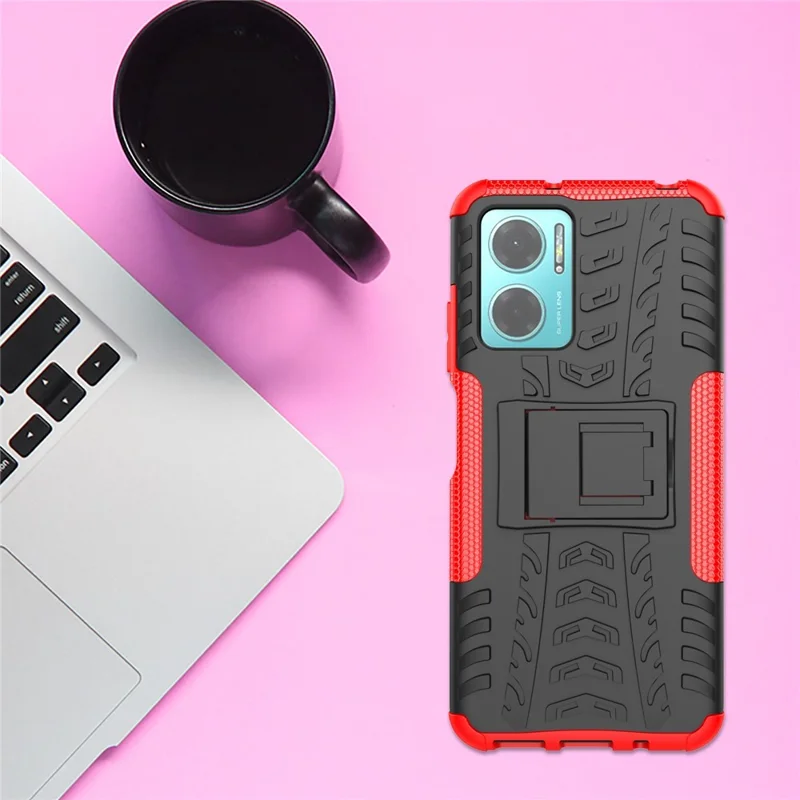 For Xiaomi Redmi Note 11E 5G / 10 5G / 10 Prime+ 5G Tire Texture Shock-Absorption Cover Kickstand Combo PC+TPU Dual Layer Design Protective Phone Case - Orange