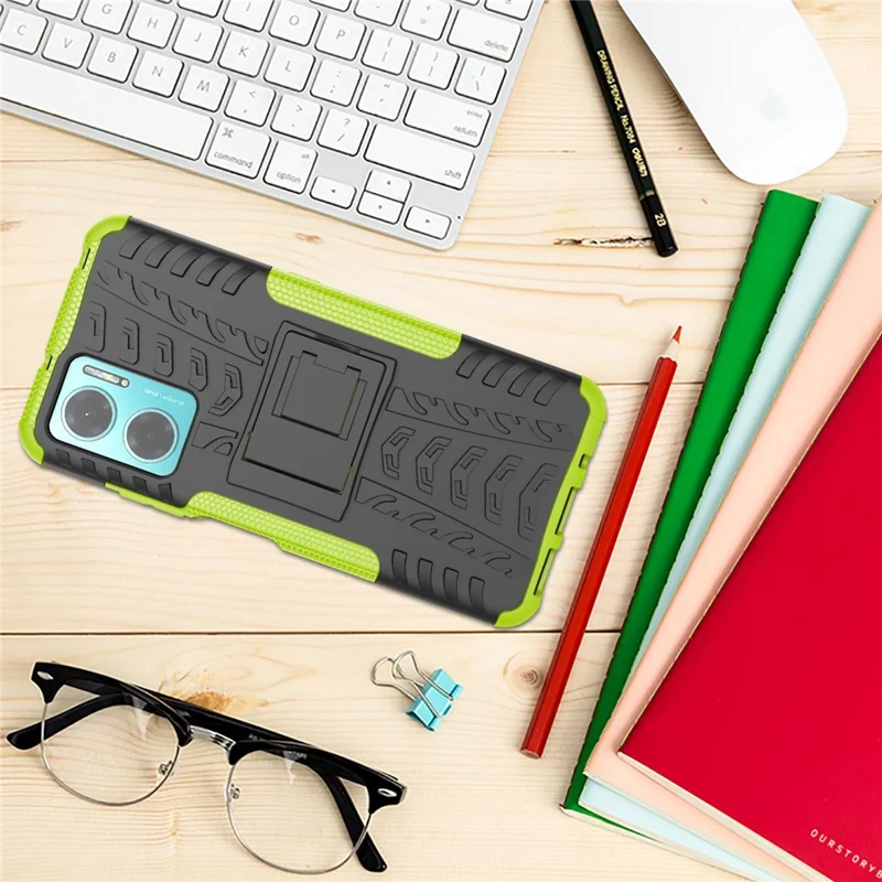 For Xiaomi Redmi Note 11E 5G / 10 5G / 10 Prime+ 5G Tire Texture Shock-Absorption Cover Kickstand Combo PC+TPU Dual Layer Design Protective Phone Case - Orange