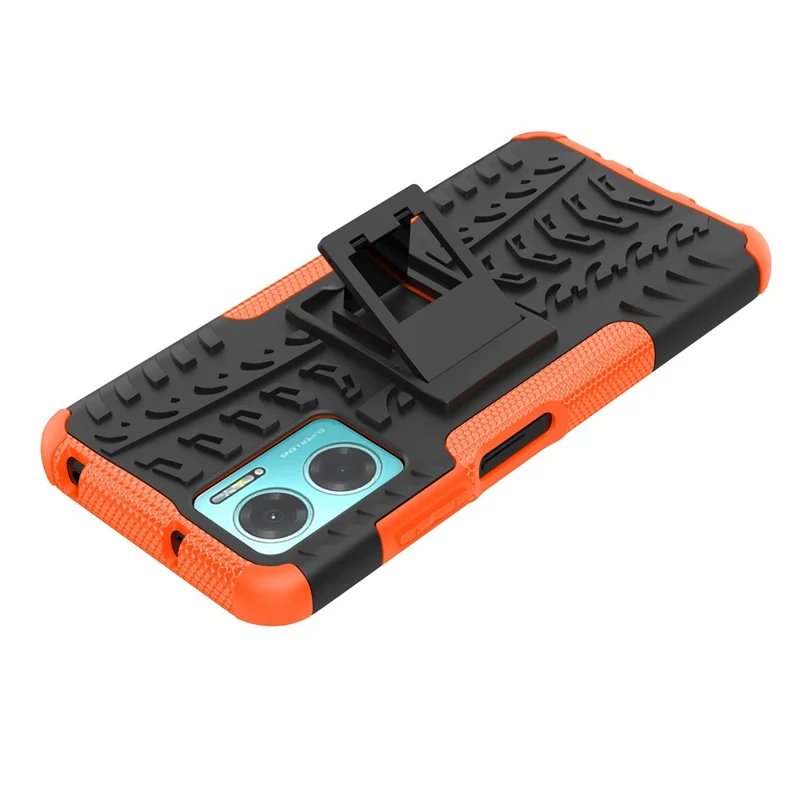 For Xiaomi Redmi Note 11E 5G / 10 5G / 10 Prime+ 5G Tire Texture Shock-Absorption Cover Kickstand Combo PC+TPU Dual Layer Design Protective Phone Case - Orange