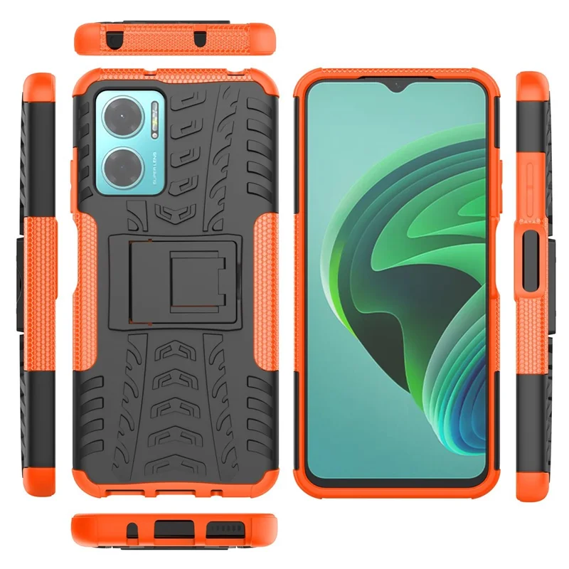 For Xiaomi Redmi Note 11E 5G / 10 5G / 10 Prime+ 5G Tire Texture Shock-Absorption Cover Kickstand Combo PC+TPU Dual Layer Design Protective Phone Case - Orange
