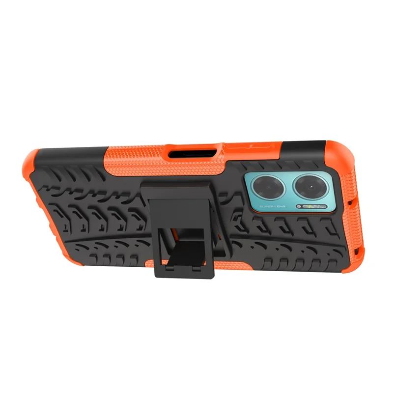 For Xiaomi Redmi Note 11E 5G / 10 5G / 10 Prime+ 5G Tire Texture Shock-Absorption Cover Kickstand Combo PC+TPU Dual Layer Design Protective Phone Case - Orange