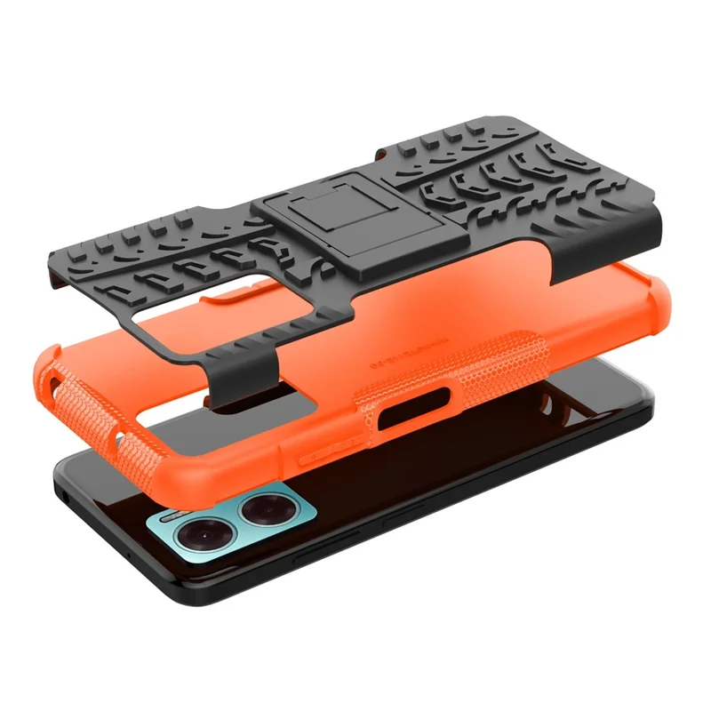 For Xiaomi Redmi Note 11E 5G / 10 5G / 10 Prime+ 5G Tire Texture Shock-Absorption Cover Kickstand Combo PC+TPU Dual Layer Design Protective Phone Case - Orange