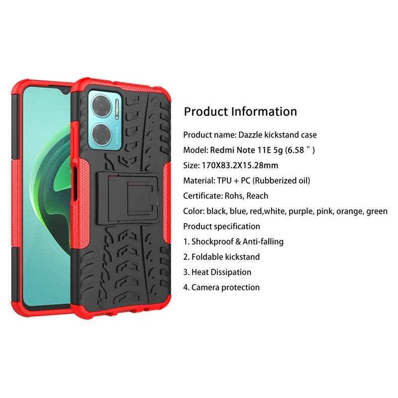 For Xiaomi Redmi Note 11E 5G / 10 5G / 10 Prime+ 5G Tire Texture Shock-Absorption Cover Kickstand Combo PC+TPU Dual Layer Design Protective Phone Case - Orange