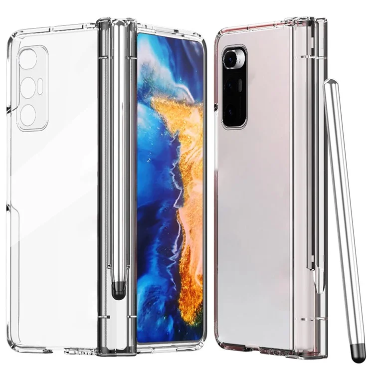 For Xiaomi Mi Mix Fold Electroplating Hard PC Folding Phone Case Pen Slot Hinge Protective Cover with Tempered Glass Film and Stylus Pen - Transparent