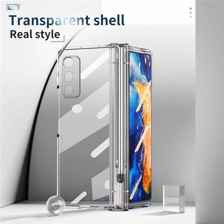 For Xiaomi Mi Mix Fold Electroplating Hard PC Folding Phone Case Pen Slot Hinge Protective Cover with Tempered Glass Film and Stylus Pen - Transparent