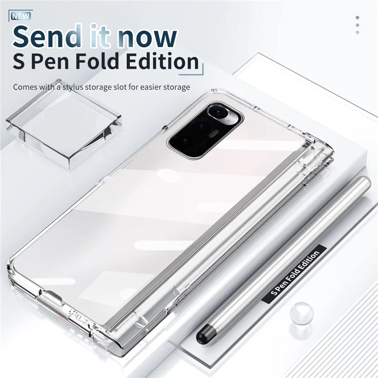 For Xiaomi Mi Mix Fold Electroplating Hard PC Folding Phone Case Pen Slot Hinge Protective Cover with Tempered Glass Film and Stylus Pen - Transparent