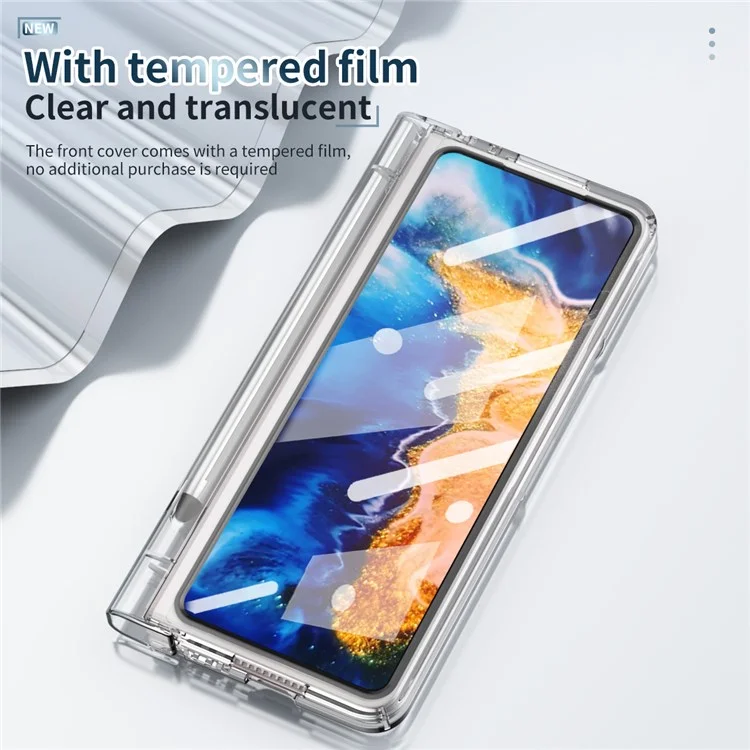 For Xiaomi Mi Mix Fold Electroplating Hard PC Folding Phone Case Pen Slot Hinge Protective Cover with Tempered Glass Film and Stylus Pen - Transparent
