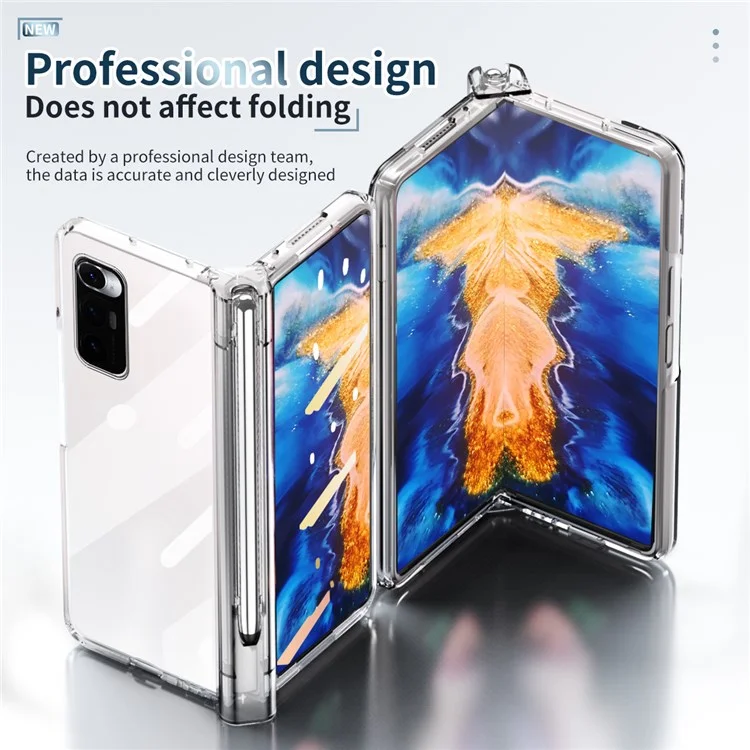 For Xiaomi Mi Mix Fold Electroplating Hard PC Folding Phone Case Pen Slot Hinge Protective Cover with Tempered Glass Film and Stylus Pen - Transparent