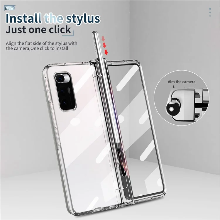 For Xiaomi Mi Mix Fold Electroplating Hard PC Folding Phone Case Pen Slot Hinge Protective Cover with Tempered Glass Film and Stylus Pen - Transparent