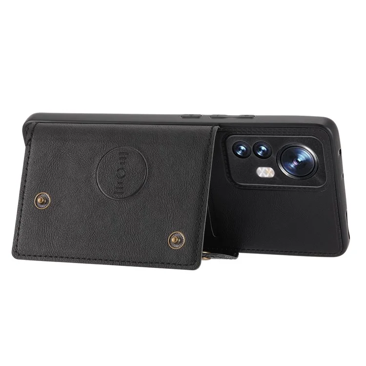 Für Xiaomi 12 5G/12X 5G/12S 5G Kickstand Card Slots Design abriebfeste PU-Leder beschichtete TPU-Handyhülle mit eingebautem Metallblech - Schwarz