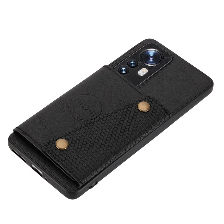 Für Xiaomi 12 5G/12X 5G/12S 5G Kickstand Card Slots Design abriebfeste PU-Leder beschichtete TPU-Handyhülle mit eingebautem Metallblech - Schwarz