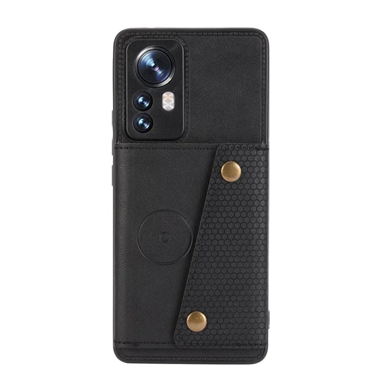 For Xiaomi 12 5G/12X 5G/12S 5G Kickstand Card Slots Design Wear-resistant PU Leather Coated TPU Phone Case with Built-in Metal Sheet - Black