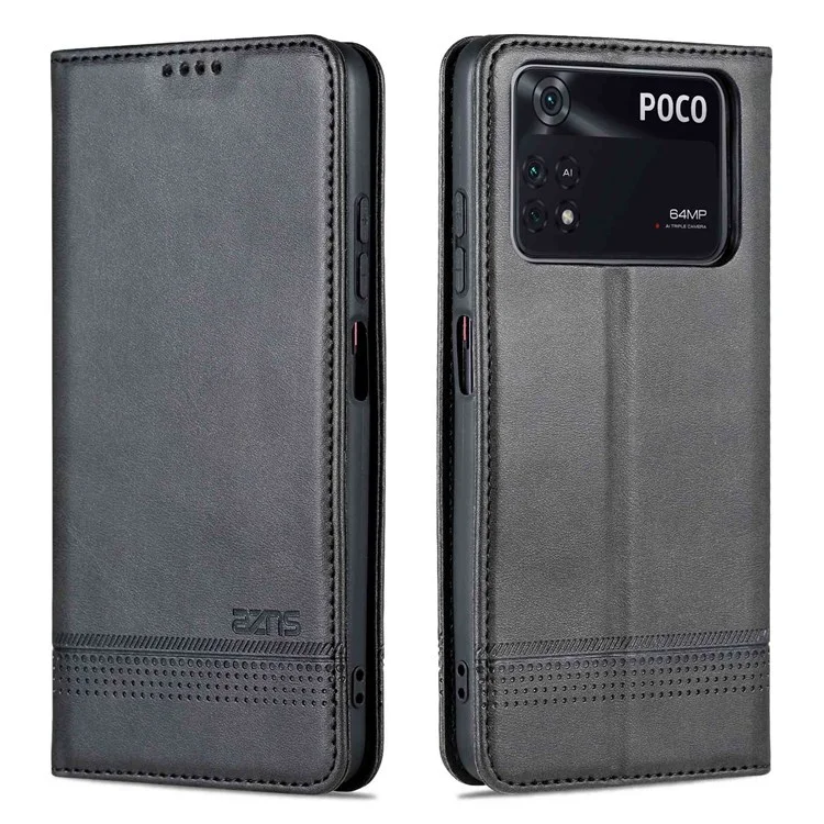 AZNS Para Xiaomi Poco M4 Pro 4G PU Couro de Couro Stand Stand Escondido de Adsorção Magnética Caixa de Carteira de Proteção Completa - Preto