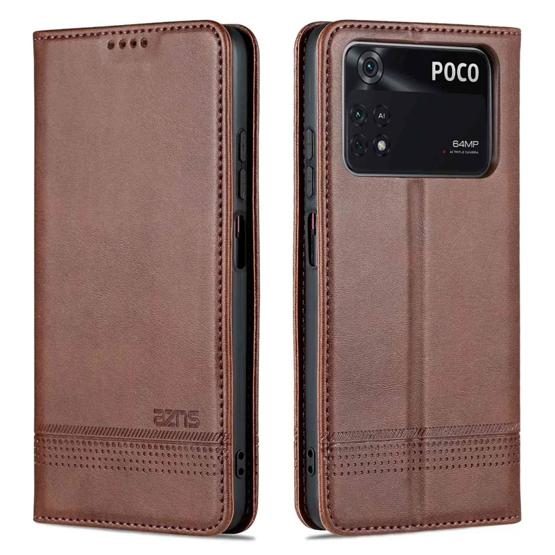 AZNS Pour Xiaomi Poco M4 Pro 4G PU Cuir Folio Cover Stand Hidden Magnetic Adsorption Full Protection Portefeuille Étui de Retournement - Café