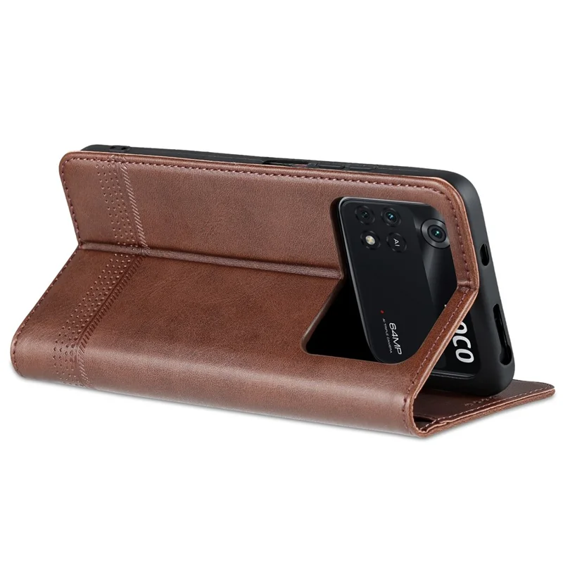 AZNS Pour Xiaomi Poco M4 Pro 4G PU Cuir Folio Cover Stand Hidden Magnetic Adsorption Full Protection Portefeuille Étui de Retournement - Café