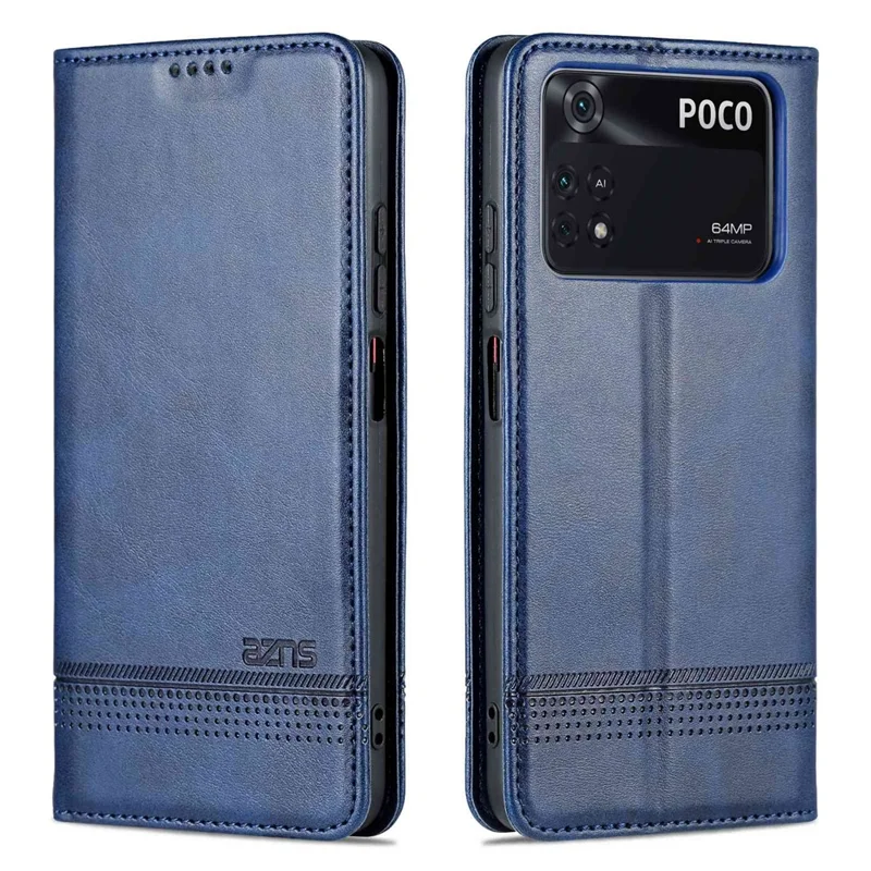 AZNS Para Xiaomi Poco M4 Pro 4G PU Couro de Couro Stand Stand Escondido de Adsorção Magnética Caixa de Carteira de Proteção Completa - Azul