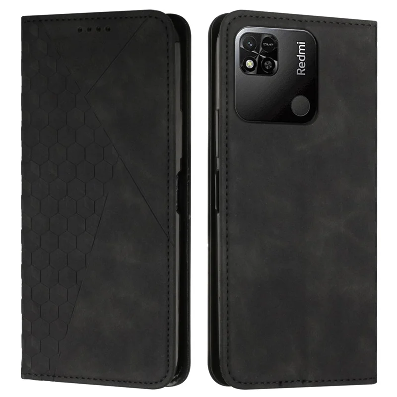 Phone Case for Xiaomi Redmi 10A/Poco C31/Redmi 9C/9C NFC, Magnetic Auto-absorbed PU Leather Rhombus Pattern Imprinted Protector with Stand and Wallet - Black