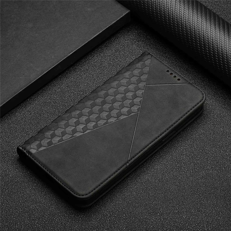 Phone Case for Xiaomi Redmi 10A/Poco C31/Redmi 9C/9C NFC, Magnetic Auto-absorbed PU Leather Rhombus Pattern Imprinted Protector with Stand and Wallet - Black