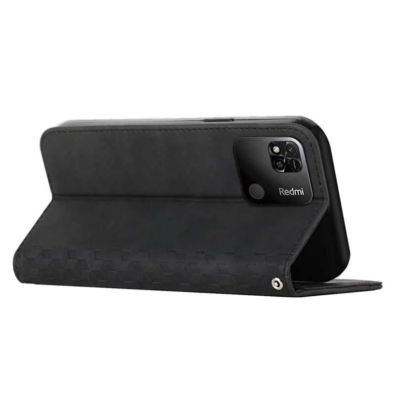 Phone Case for Xiaomi Redmi 10A/Poco C31/Redmi 9C/9C NFC, Magnetic Auto-absorbed PU Leather Rhombus Pattern Imprinted Protector with Stand and Wallet - Black
