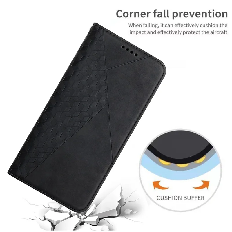Phone Case for Xiaomi Redmi 10A/Poco C31/Redmi 9C/9C NFC, Magnetic Auto-absorbed PU Leather Rhombus Pattern Imprinted Protector with Stand and Wallet - Black