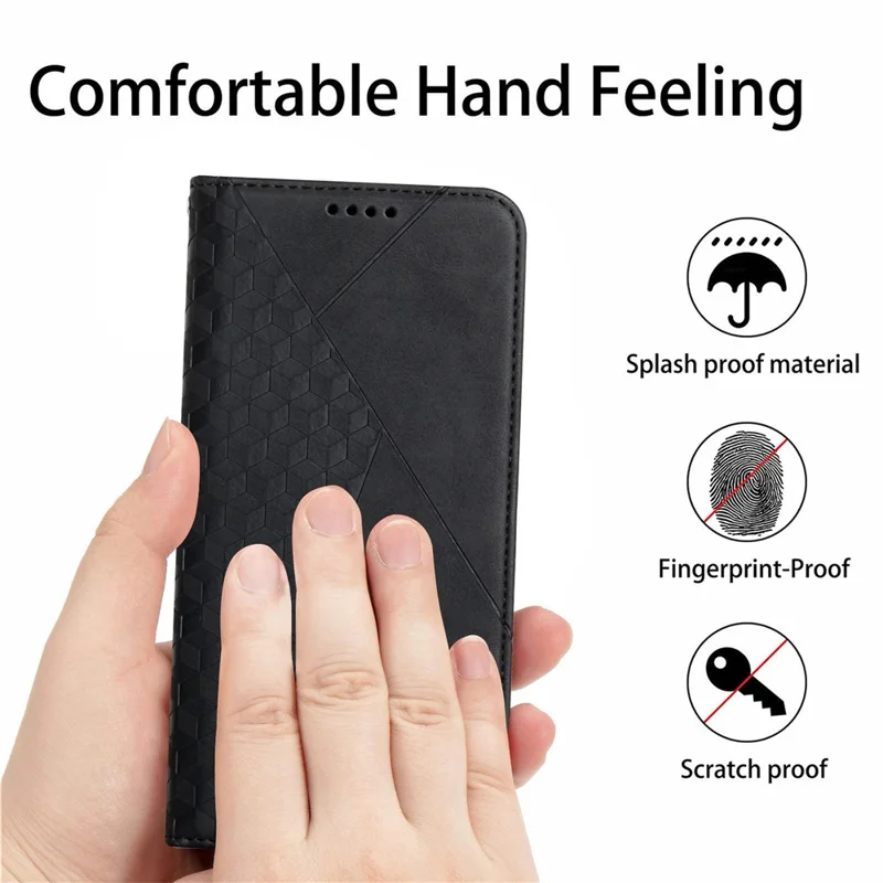 Phone Case for Xiaomi Redmi 10A/Poco C31/Redmi 9C/9C NFC, Magnetic Auto-absorbed PU Leather Rhombus Pattern Imprinted Protector with Stand and Wallet - Black