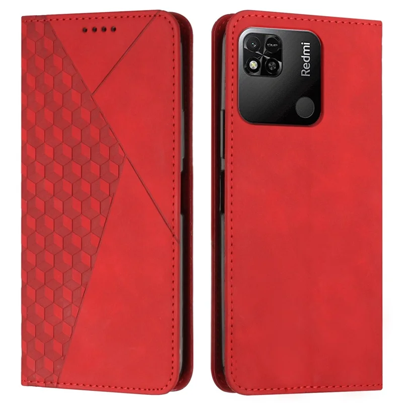 Étui du Téléphone Pour Xiaomi Redmi 10a / Poco C31 / Redmi 9c / 9c NFC, Modèle Magnétique Auto-auto-absorbed PU Cuir Rhombus Protecteur Imprimé Avec Support et Portefeuille - Rouge