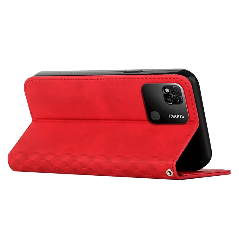 Étui du Téléphone Pour Xiaomi Redmi 10a / Poco C31 / Redmi 9c / 9c NFC, Modèle Magnétique Auto-auto-absorbed PU Cuir Rhombus Protecteur Imprimé Avec Support et Portefeuille - Rouge