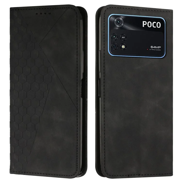 Per Xiaomi Poco M4 Pro 4G Anti-scratch PU Leather + TPU Shell Rhombus Pattern Exprinted State Wallet Style Assorbimento Magnetico Custodia - Nero