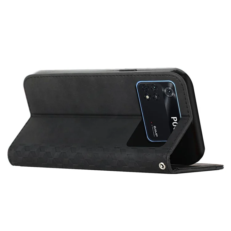 Per Xiaomi Poco M4 Pro 4G Anti-scratch PU Leather + TPU Shell Rhombus Pattern Exprinted State Wallet Style Assorbimento Magnetico Custodia - Nero