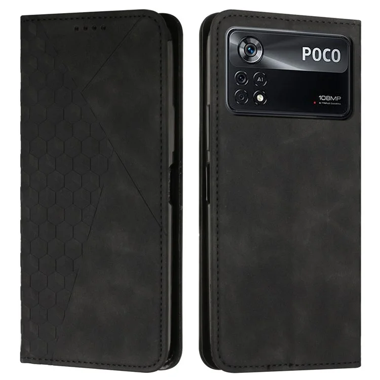 Per Xiaomi Poco X4 Pro 5G PU in Pelle Rombo in Pelle Rombo Impronta Protettore Portafoglio in Stile Antide-fallo Guscio di Assorbimento Magnetico - Nero