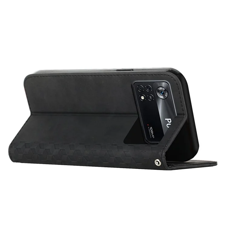 Per Xiaomi Poco X4 Pro 5G PU in Pelle Rombo in Pelle Rombo Impronta Protettore Portafoglio in Stile Antide-fallo Guscio di Assorbimento Magnetico - Nero