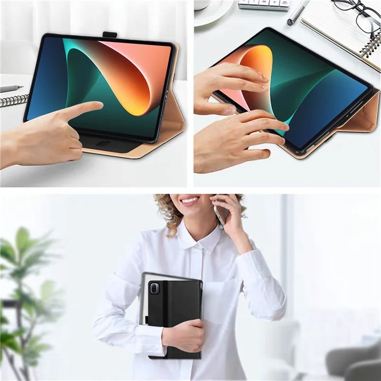 For Xiaomi Pad 5/Pad 5 Pro Business Style PU Leather Tablet Case Hand Strap Design Protective Cover with Card Slots Stand - Black