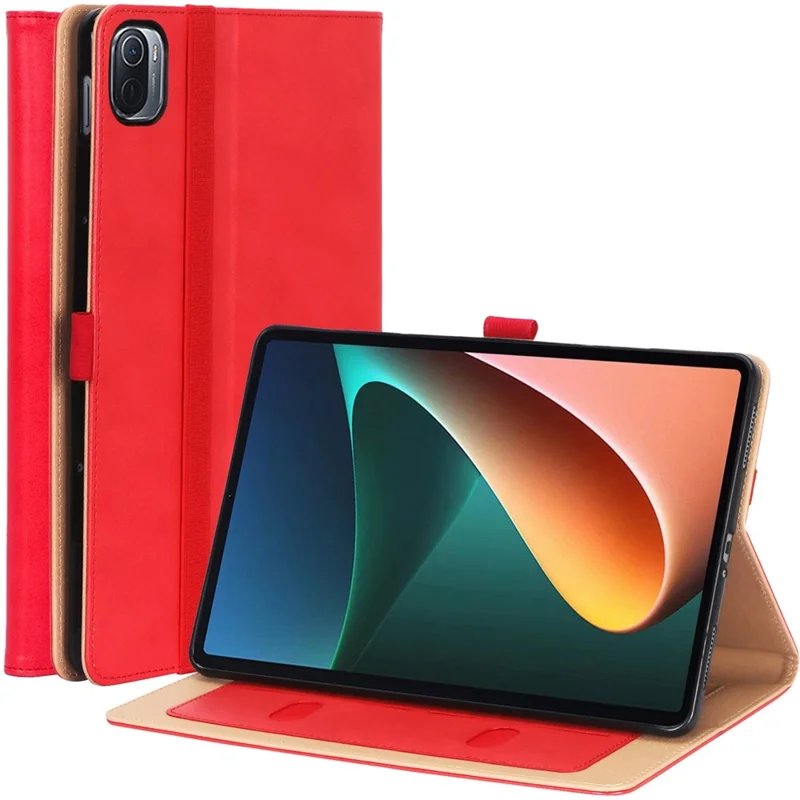 For Xiaomi Pad 5/Pad 5 Pro Business Style PU Leather Tablet Case Hand Strap Design Protective Cover with Card Slots Stand - Red