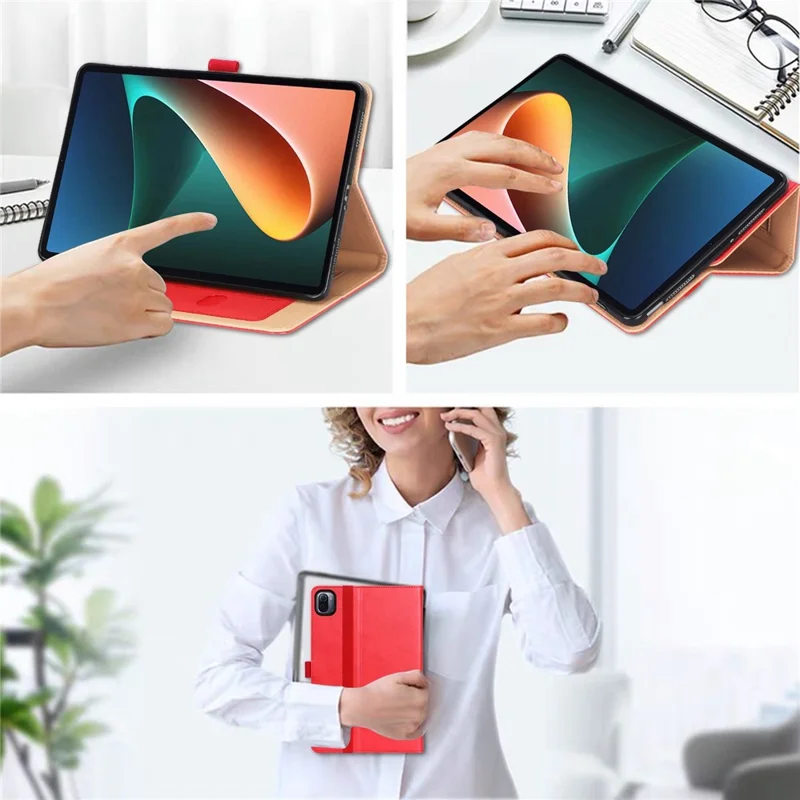 For Xiaomi Pad 5/Pad 5 Pro Business Style PU Leather Tablet Case Hand Strap Design Protective Cover with Card Slots Stand - Red