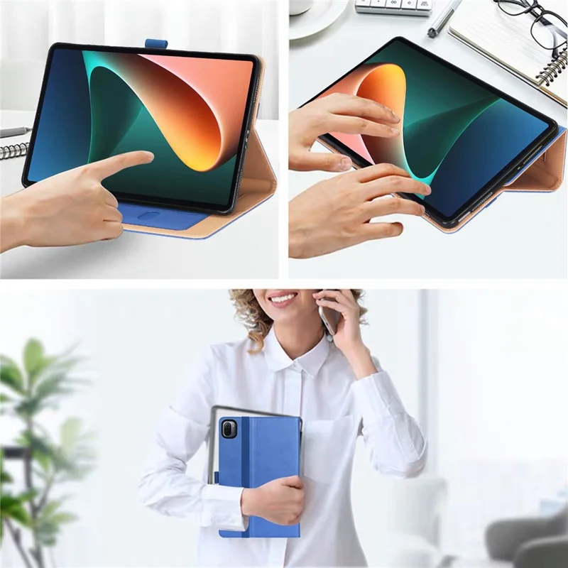 For Xiaomi Pad 5/Pad 5 Pro Business Style PU Leather Tablet Case Hand Strap Design Protective Cover with Card Slots Stand - Blue